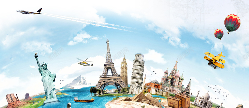 五一劳动节旅行黄金周大气清新bannerjpg设计背景_88icon https://88icon.com 世界旅行 五一劳动节 假期旅游 出游季 大海 建筑物 环球 自由女神 节假日 铁塔 飞机 黄金周
