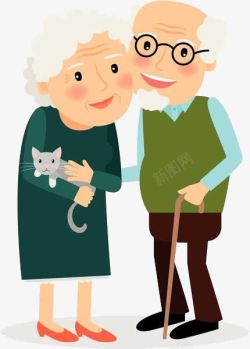 手拄拐杖抱着猫咪散步的老人高清图片