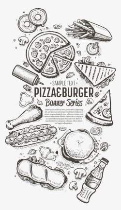 汉堡披萨手绘快餐食品banner矢量图高清图片