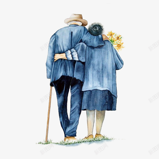 相互扶持着的老人png免抠素材_88icon https://88icon.com 唯美 手绘 拐杖 水彩 相伴到老 老人 花朵