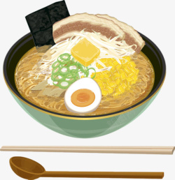 食物容器汤勺木筷和一碗鸡蛋青葱汤面卡通高清图片