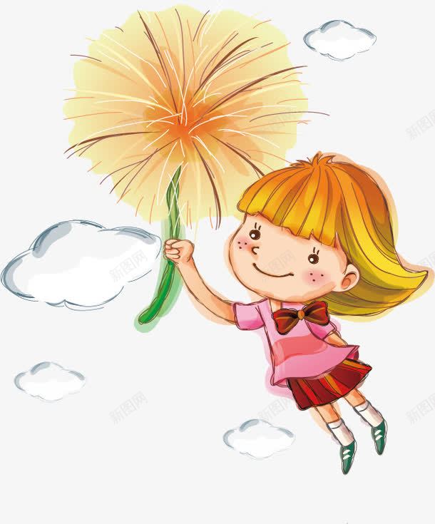 童年的梦想png免抠素材_88icon https://88icon.com 卡通 天空 小女孩 白云 蒲公英 蒲公英图 金色童年 飞行