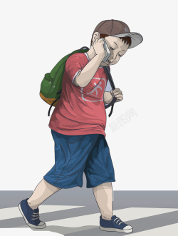 背包男孩卡通小男孩一边走路一边讲电话高清图片
