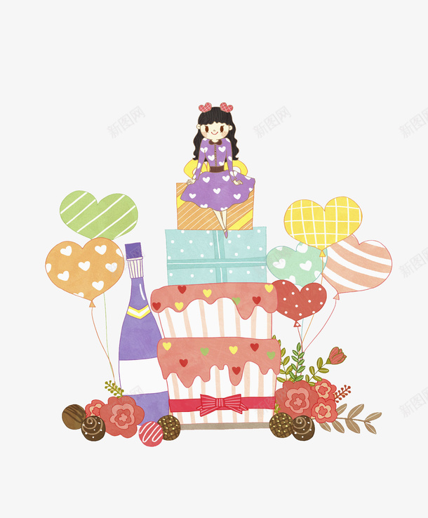 卡通蛋糕上的女孩图png免抠素材_88icon https://88icon.com 创意的 巨大的 插图 气球 生日蛋糕 花朵 酒瓶