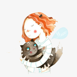 手绘女孩抱着猫咪素材