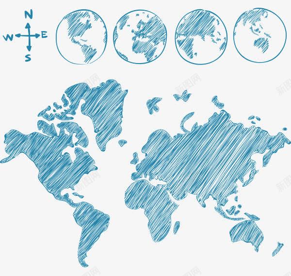 蓝色线条手绘地图png免抠素材_88icon https://88icon.com 世界地图 全球地图 创意手绘地图 地图 大陆板块 手绘线条地图