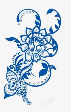 蓝色古典人物古典青花瓷牡丹花纹矢量图高清图片