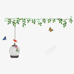 翩翩飞舞的蝴蝶卡通挂在蔓藤条下的鸟笼高清图片