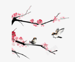 水彩手绘梅花枝和鸟儿素材
