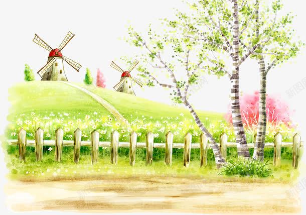 草地上的风车和小树psd免抠素材_88icon https://88icon.com 卡通风景画 小树 水彩风景 水彩风景画 草地 风车