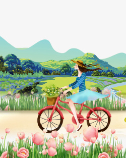 看车卡通手绘春季骑车看风景的女高清图片