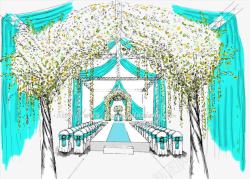 蓝绿色手绘婚礼现场素材