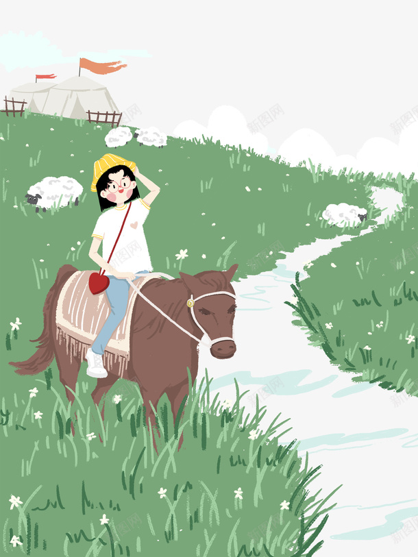 卡通手绘草原上骑马的女孩psd免抠素材_88icon https://88icon.com 卡通 吃草的羊 手绘 绿色的草原 草原上 草原骑马 蒙古包 骑马的女孩 骑马的蒙古少年