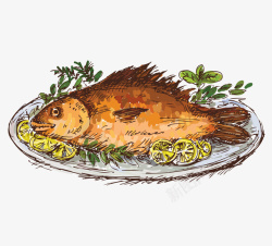 鱼类美味手绘卡通一盘红烧鱼高清图片