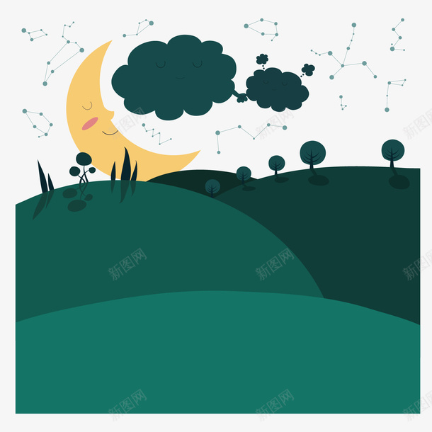 森林夜晚的手绘png免抠素材_88icon https://88icon.com 云朵 动物 卡通插画 可爱 夜晚 月亮 森林 蓝绿色 蓝色