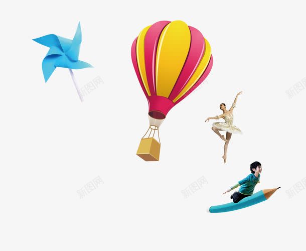 卡通热气球风车骑着铅笔的孩子和png免抠素材_88icon https://88icon.com 热气球 芭蕾舞女孩 风车 骑着铅笔的男孩