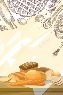 手绘面包卡通矢量甜品海报背景背景