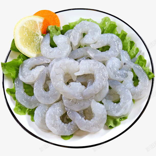 盘子上新鲜的虾仁png免抠素材_88icon https://88icon.com 柠檬片 水果 海产品 海鲜 绿叶 虾仁 青菜