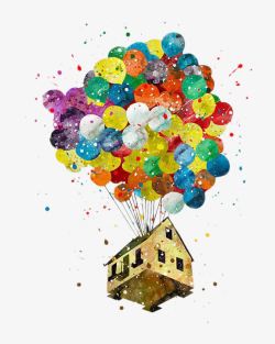 被气球吊着升空的房屋素材