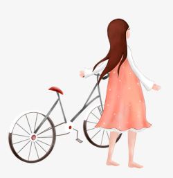 推着自行车的女孩的背影素材
