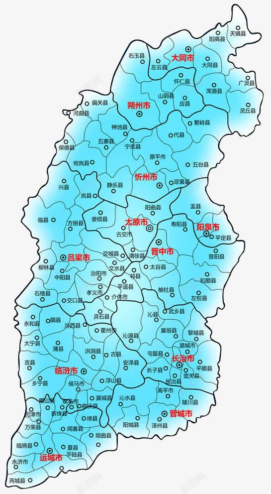 蓝色手绘山西省区域地图png免抠素材_88icon https://88icon.com 分块 区域图 城市 天蓝色 山西省地图 黑色线条