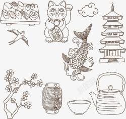 手绘粗略风格的日本文化和料理素材