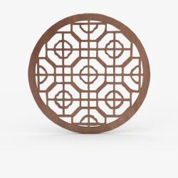 棕色花纹圆形木桌一个棕色中式镂空圆形窗高清图片