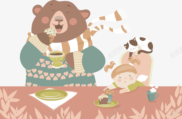 吃饭的熊和女孩矢量图ai免抠素材_88icon https://88icon.com 儿童 卡通手绘 坐在餐桌前 女孩 孩子 微笑 抓气球的熊 水彩 熊 猫咪 矢量图