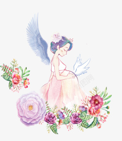 天使妈妈卡通手绘怀孕的妈妈花朵装饰高清图片
