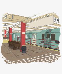 卡通艺术效果水彩火车站台素材