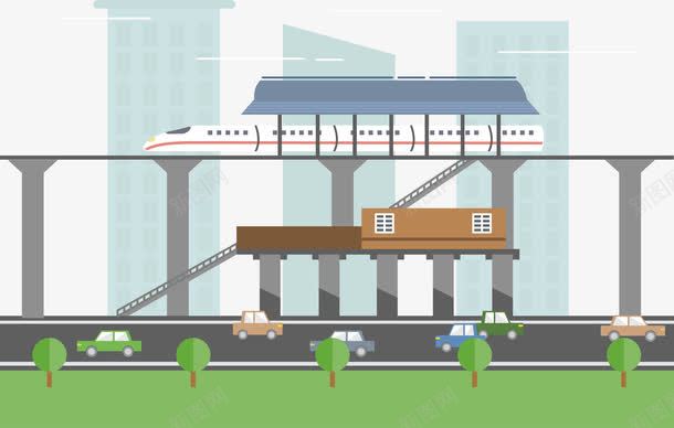 高架列车png免抠素材_88icon https://88icon.com Q版小火车 卡通 城市 天桥 火车站台 绿色