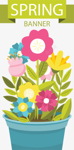 美丽的盆栽花盆里的五彩春花矢量图高清图片