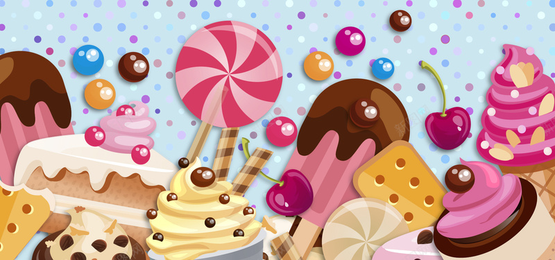 淘宝矢量卡通精美甜品棒棒糖蛋糕彩色海报背景