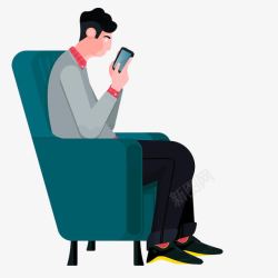 手绘的电话坐在沙发里玩手机的男人高清图片