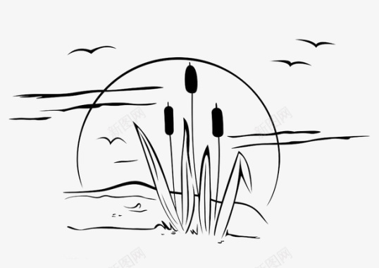 飞燕夕阳下的芦苇荡和飞燕黑白简笔画图标图标