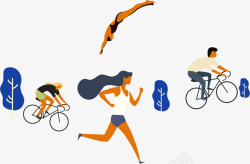 时尚撞色手绘体育跑步骑车运动人物插画高清图片
