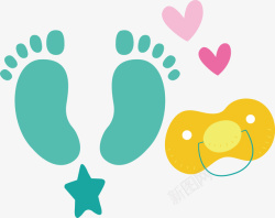 妈妈宝贝奶嘴绿色脚丫卡通可爱婴儿用品设矢量图高清图片