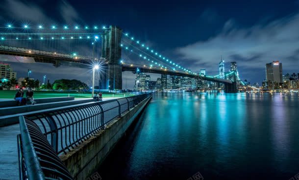 彩绘繁华都市夜晚大桥河面蓝色光效背景