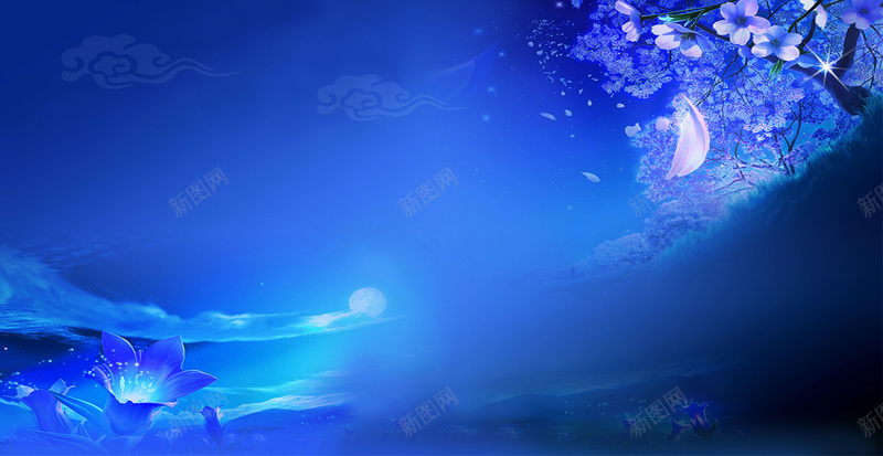 唯美月光桃花背景图jpg设计背景_88icon https://88icon.com 中国风 唯美 月下风景 月光 桃花 梦幻 荷花
