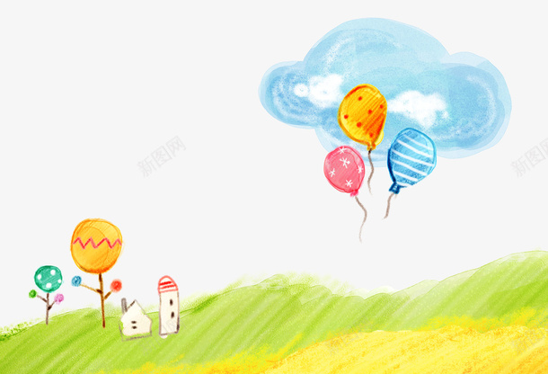 儿童彩笔画psd免抠素材_88icon https://88icon.com 儿童画 彩笔画 气球 草地