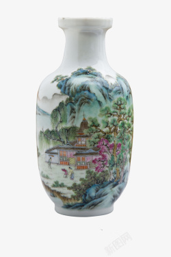 白瓷花瓶写实山水画青花瓷瓶高清图片