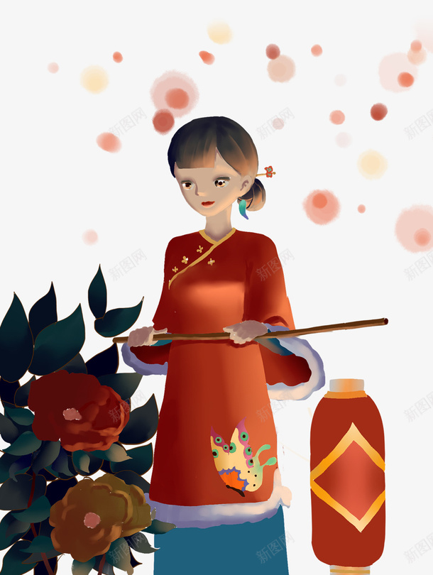 传统节日手绘中国风中元节元素png免抠素材_88icon https://88icon.com 中国文化 传统节日 提灯笼 植物 灯笼 穿古装的女性 花朵