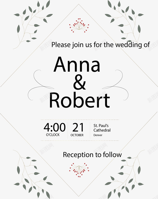 小清新树叶婚礼请帖矢量图ai免抠素材_88icon https://88icon.com 婚礼请帖 小清新 树叶花纹 矢量png 请帖 邀请函 矢量图