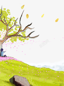 树下读书卡通春天树下坐着的女孩高清图片