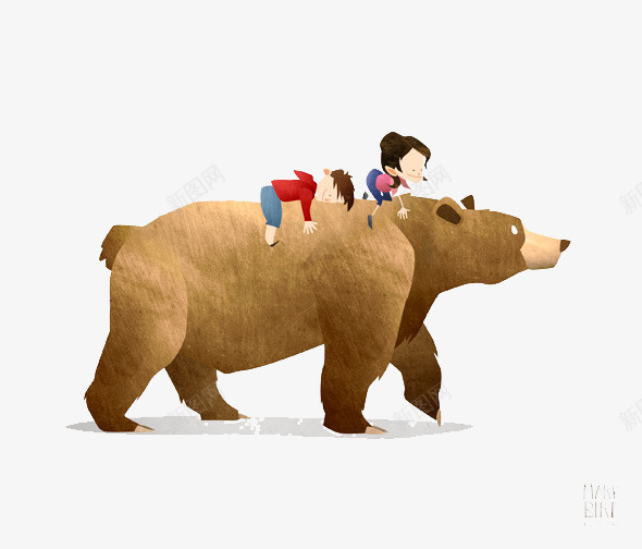 骑在熊身上的孩子psd免抠素材_88icon https://88icon.com 创意设计 卡片封面 手绘插画