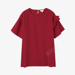红色短袖深红色圆领短袖真丝衬衫高清图片