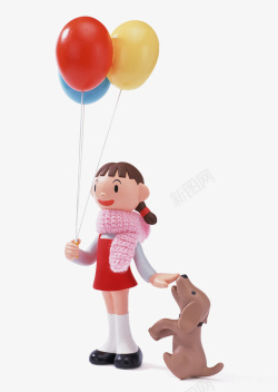 拿着气球牵着小狗的可爱女孩素材