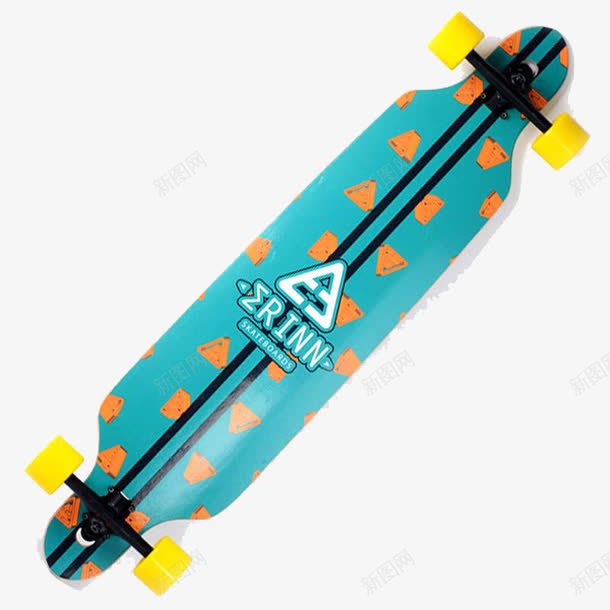 蓝色长板png免抠素材_88icon https://88icon.com 体育用品 极限运动 橙色色块 滑板 滑板姿势 蓝色 长板 黄色轮子