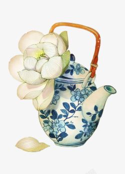 手绘青花瓷水彩茶壶素材