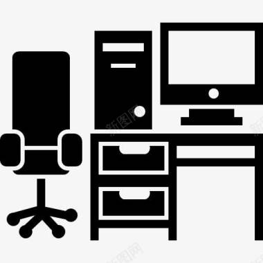 设备用品工作室办公桌桌子椅子电脑塔和监控图标图标